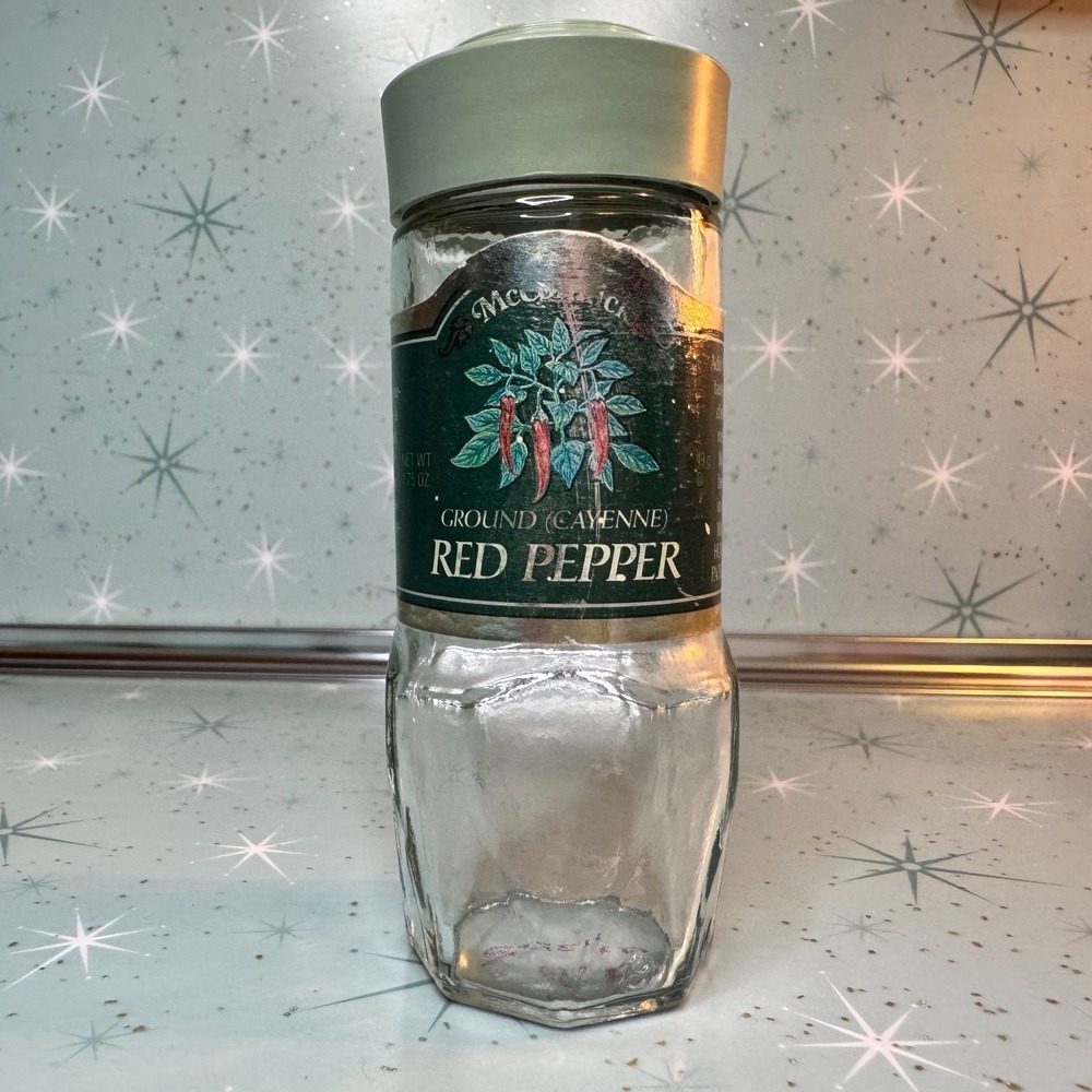 Vintage McCormick Cayenne Red Pepper Jar Green Lid and Label Glass Spice Bottle